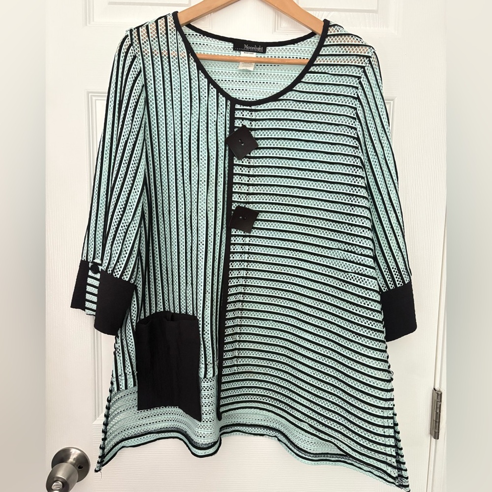 Mint & Black Striped Openwork Tunic with Patch Pocket